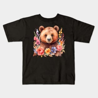 A brown bear decorated with beautiful watercolor flowers Kids T-Shirt